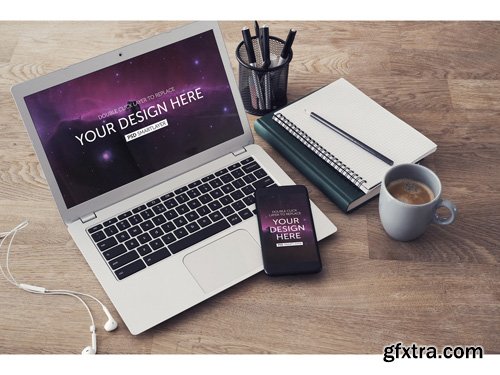 Laptop and Smartphone on Wooden Desk Mockup