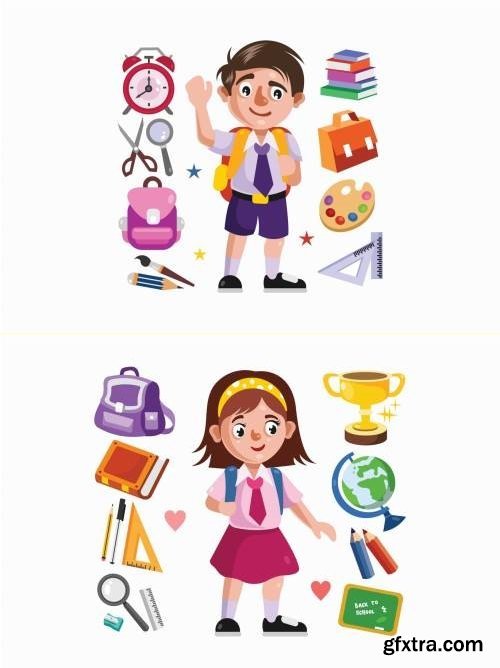 Boy and Girl Student and School Supplies Illustration