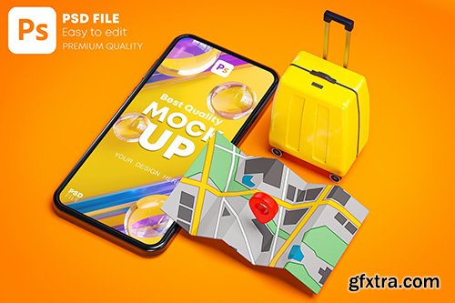 Phone Mockup Yellow Suitcase and Red Pin Map 3D RVAAGFU