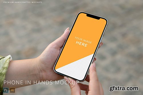 iPhone 12 Pro Max in Woman Hands on Street Mockup 6PWRURV