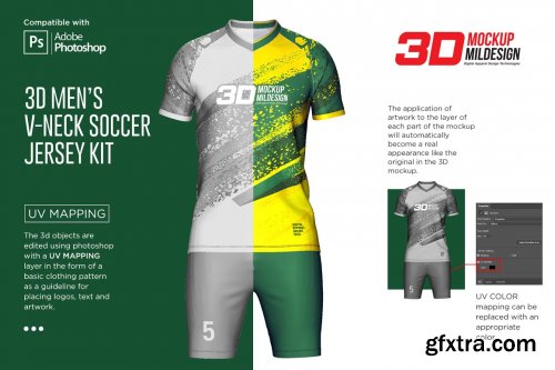 CreativeMarket - 3D Soccer Jersey V-Neck Kit Mockup 6198334