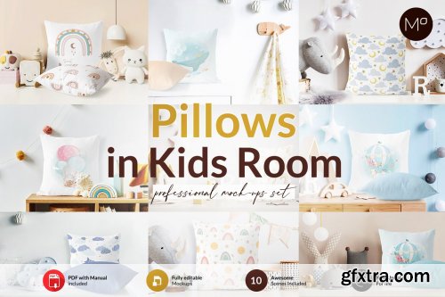 CreativeMarket - Pillows in Kids Room Mock-ups Set 6272135