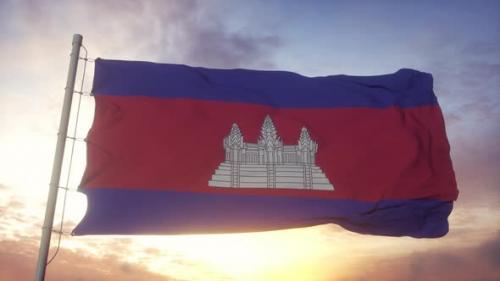 Videohive - Flag of Cambodia Waving in the Wind Sky and Sun Background - 33304531 - 33304531