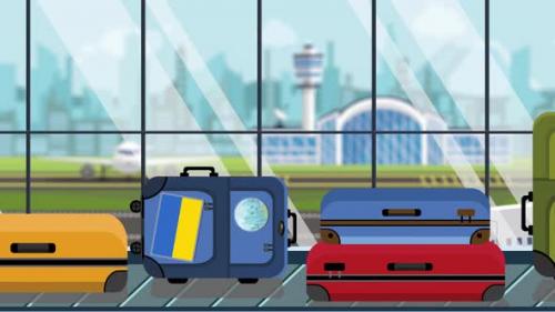 Videohive - Suitcases with Ukrainian Flag Stickers on Baggage Carousel - 33305010 - 33305010