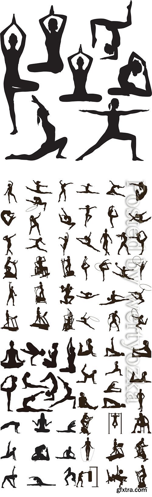 Silhouettes of women go in for sports, fitness, yoga