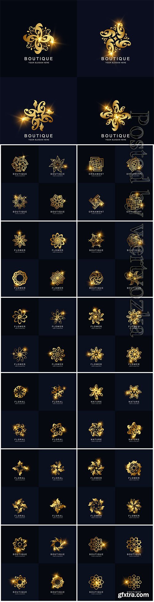 Abstract golden, flower, ornament, logo, set, vector, collection