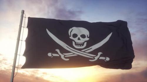 Videohive - Realistic Pirate Flag Waving in the Wind Sky and Sun Background - 33330456 - 33330456