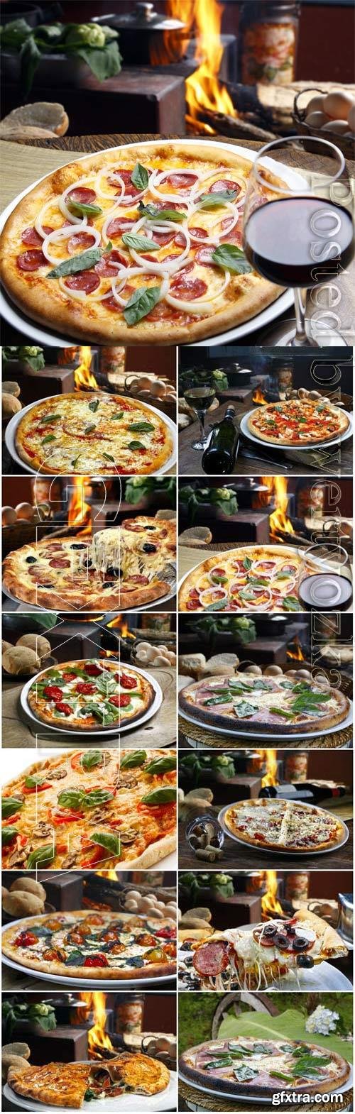 Delicious pizza and glass with wine stock photo