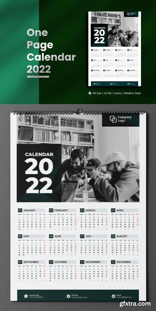 One Page Calendar 2022 - A3 Vector Design Template