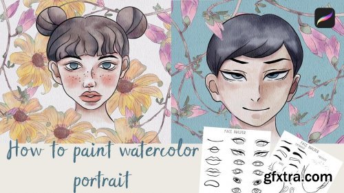 How to paint digital watercolor portrait in Procreate + free brush and face builder sets