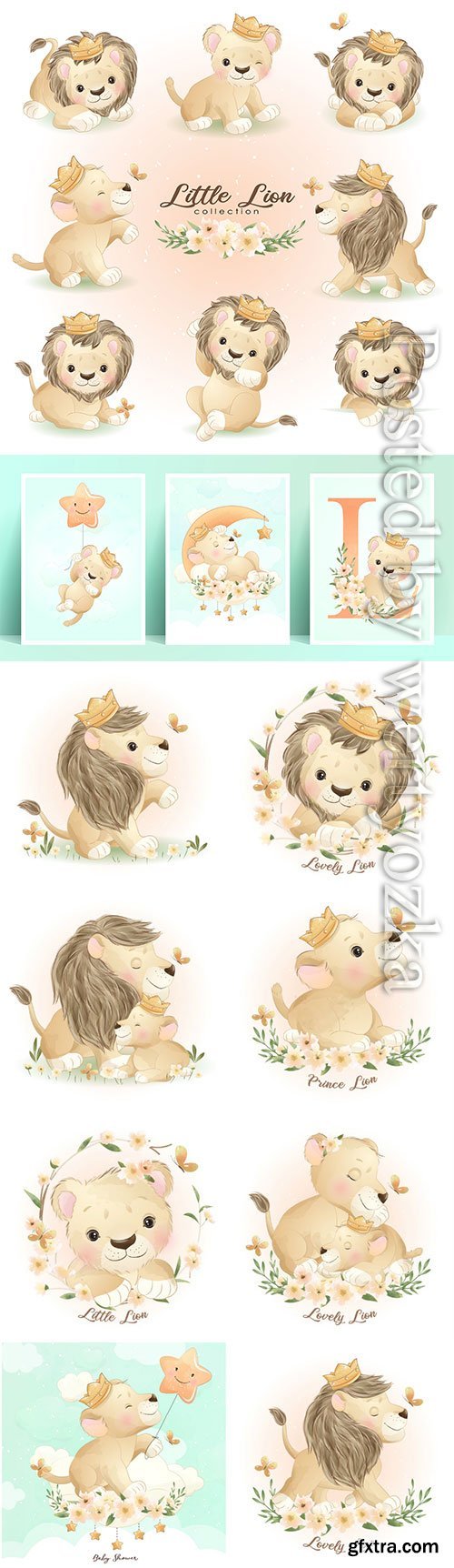 Cute doodle lion poses with floral vector illustration