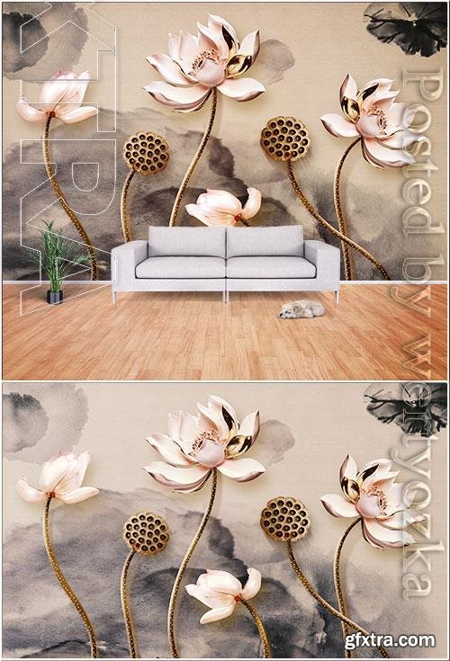 New chinese 3d stereo lotus ink background wall