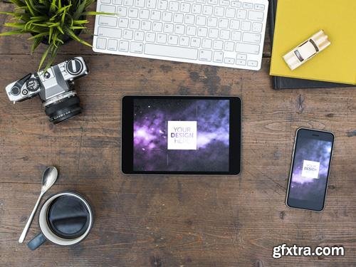 AdobeStock Tablet and Smartphone Mockup on Wooden Desk 198631904