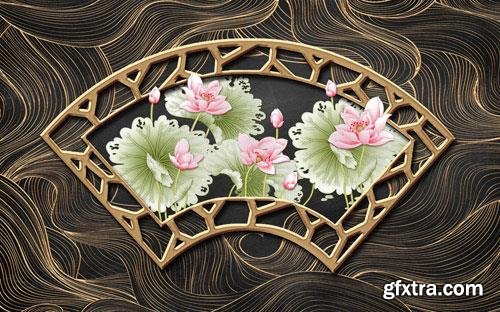 Golden wrought iron striped three dimensional lotus background wall