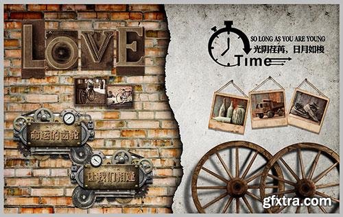 Vintage wooden plank love nostalgic wheel background wall