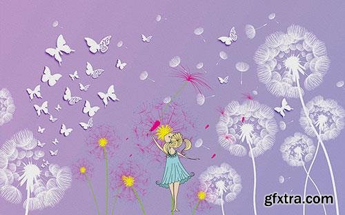 Purple three dimensional dandelion girl butterfly tv background wall