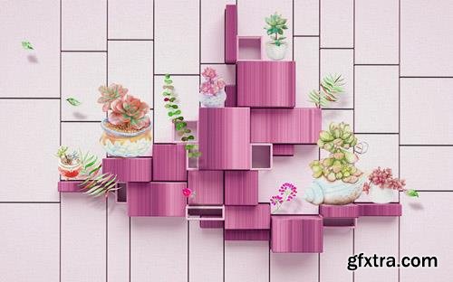 3D Pink wood grain mosaic potted plant meat lot background wall