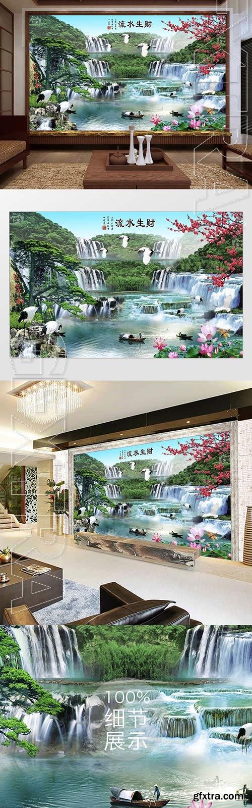 Beautiful freehand scenery landscape water and wealth tv background wall