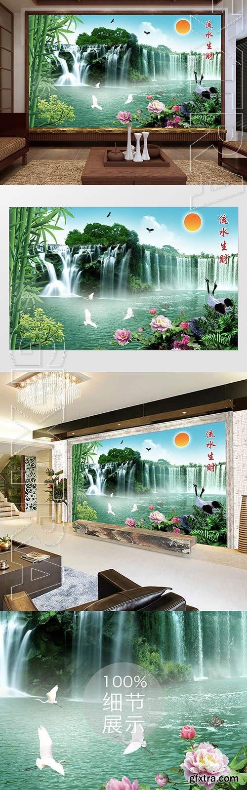 Water and wealth pine crane bamboo tree waterfall tv background wall