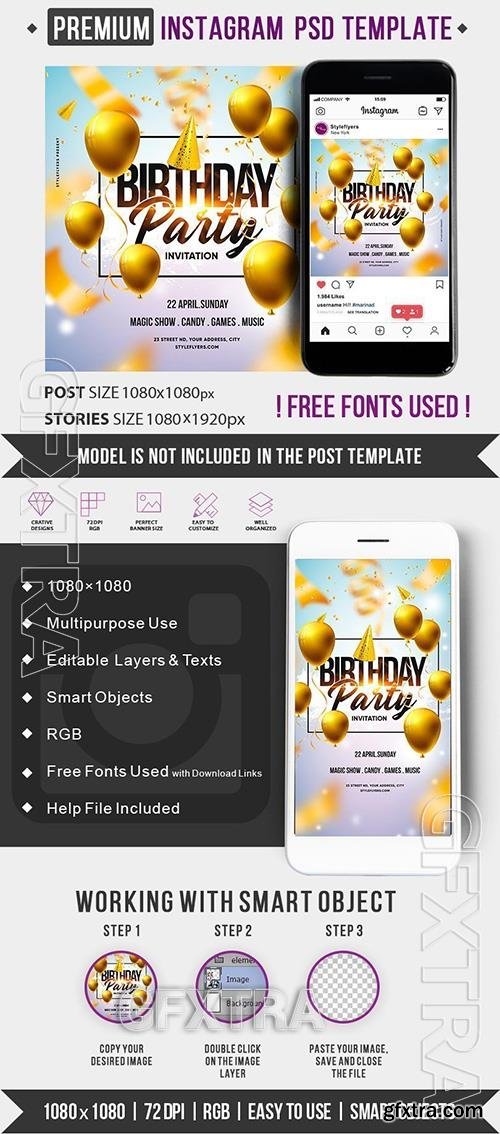 Birthday Party Invitation PSD Instagram Post and Story Template