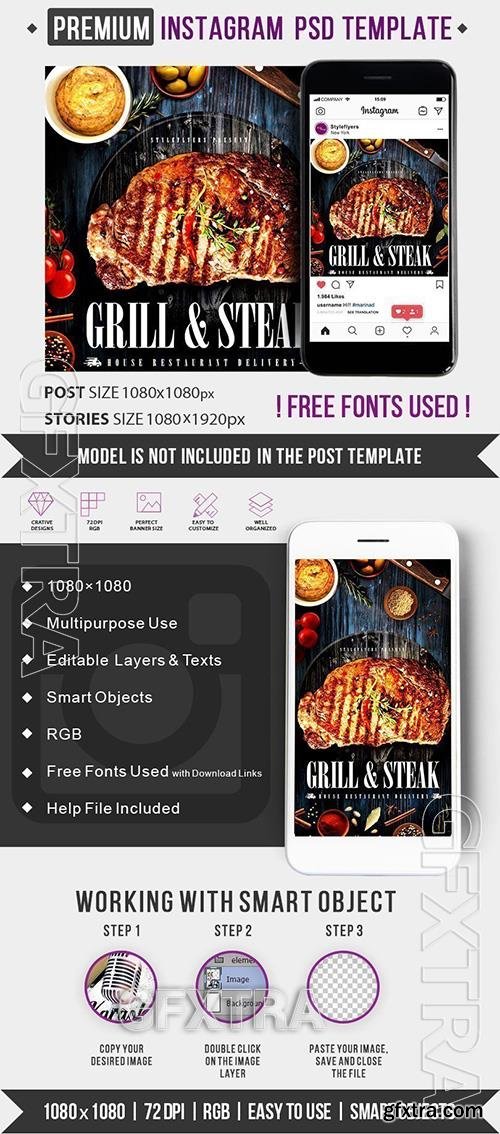 Grill & Steak House Restaurant Delivery PSD Instagram Post and Story Template