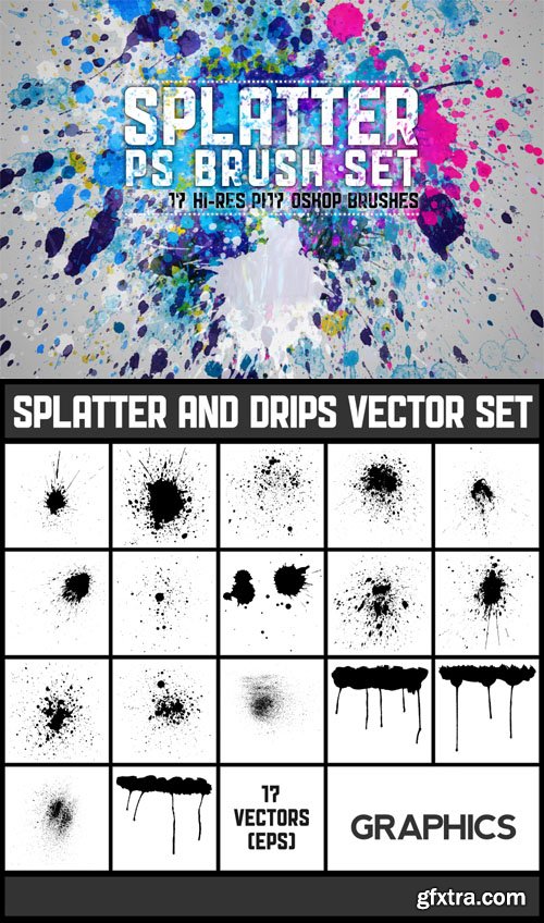 Paint Splatters and Drips Photoshop Brushes + Highly Detailed Vectors Set