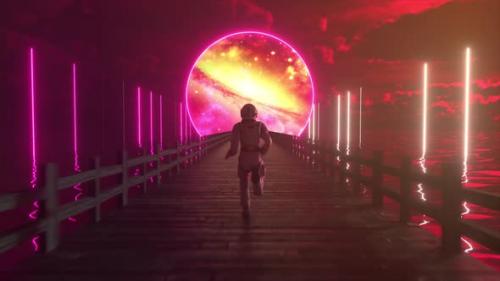 Videohive - Astranaut Runs Along the Endless Wooden Bridge Across the Ocean to His Dream - 33547428 - 33547428