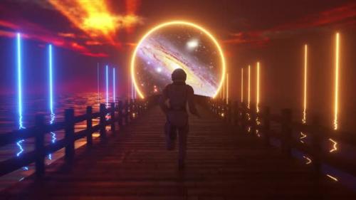 Videohive - Astranaut Runs Along the Endless Wooden Bridge Across the Ocean to His Dream - 33547474 - 33547474