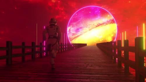 Videohive - Astranaut Runs Along the Endless Wooden Bridge Across the Ocean to His Dream - 33547480 - 33547480