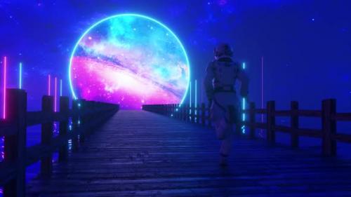 Videohive - Astranaut Runs Along the Endless Wooden Bridge Across the Ocean to His Dream - 33547484 - 33547484