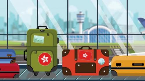 Videohive - Suitcases with Flag of Hong Kong Stickers on Baggage Carousel - 33522135 - 33522135