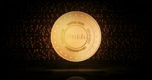 Videohive - Dash DeFi cryptocurrency golden coin loop on digital background - 33527447 - 33527447