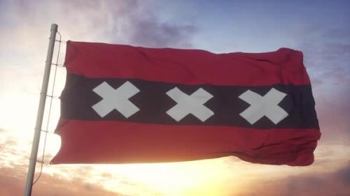 Videohive - Flag of Amsterdam Capital City of Netherlands Waving in the Wind Sky and Sun Background - 33592663 - 33592663