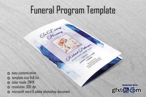 CreativeMarket - Blue Watercolor Funeral Program 4590874