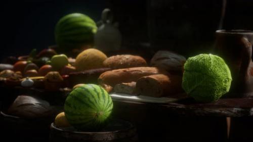 Videohive - Food Table with Wine Barrels and Some Fruits Vegetables and Bread - 33666748 - 33666748