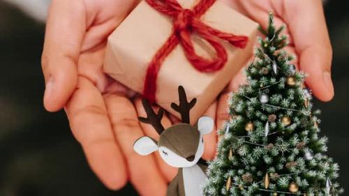 Videohive - Rotation of the Christmas tree from behind which a toy deer pops up - 33667363 - 33667363