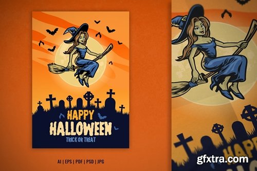 Halloween Design with Cute Witch Ride Flying Broom