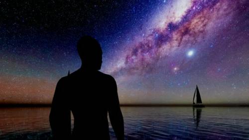 Videohive - Night Ocean Milkyway Landscape and Surfer Man - 33692748 - 33692748