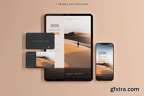 Smart phone tablet with business cards mockups