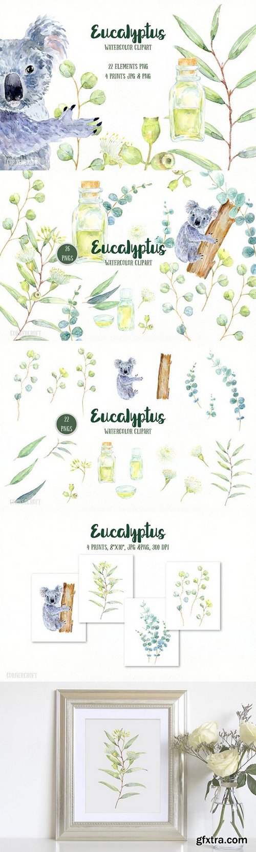 Watercolor Eucalyptus Koala Clip Art