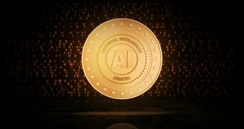 Videohive - Artificial intelligence AI golden coin loop on digital background - 33704083 - 33704083