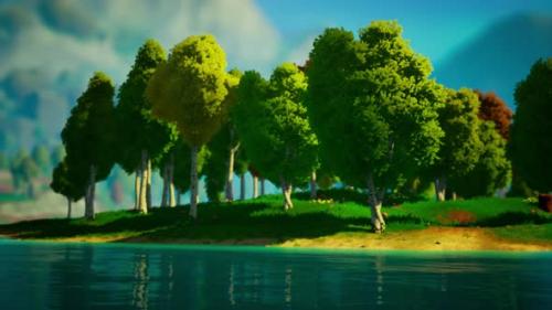 Videohive - Cartoon Green Forest Landscape with Trees and Lake - 33711646 - 33711646