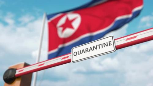 Videohive - Open Gate with QUARANTINE Sign at the North Korean Flag - 33721556 - 33721556