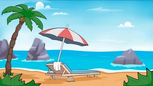 Videohive - Animation of beach with sun bed lounger and umbrella. - 33828434 - 33828434