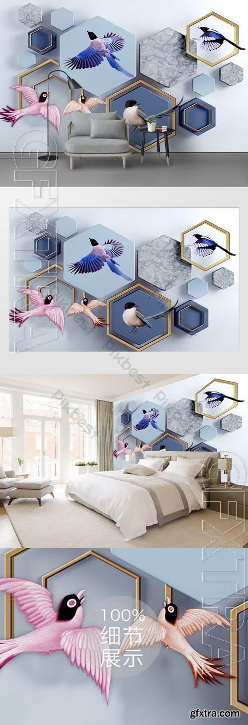 Geometric 3d cubes flying bird mosaic tv background wall