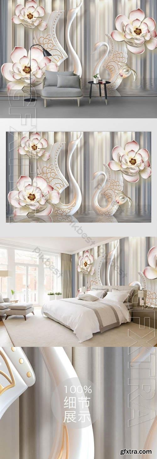 Light luxury 3d flower swan embossed background wall