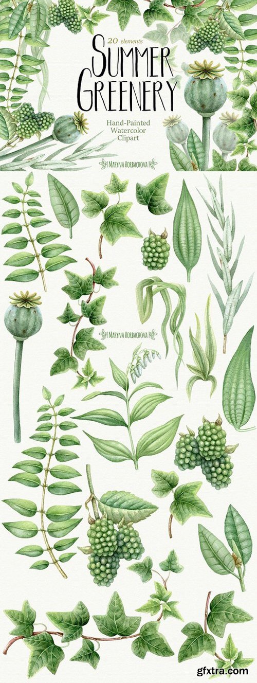 Summer Greenery. Watercolor set