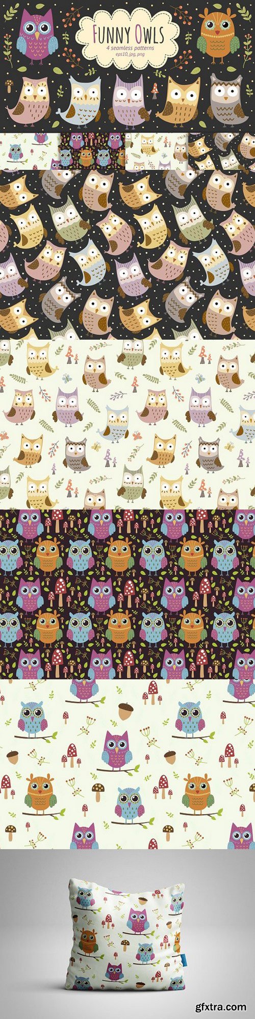 Funny Owls 4 seamless patterns