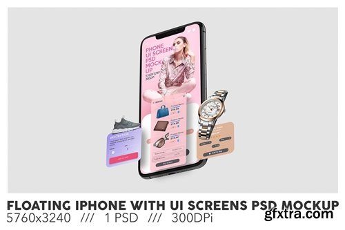 Floating iPhone With UI Screens PSD Mockup