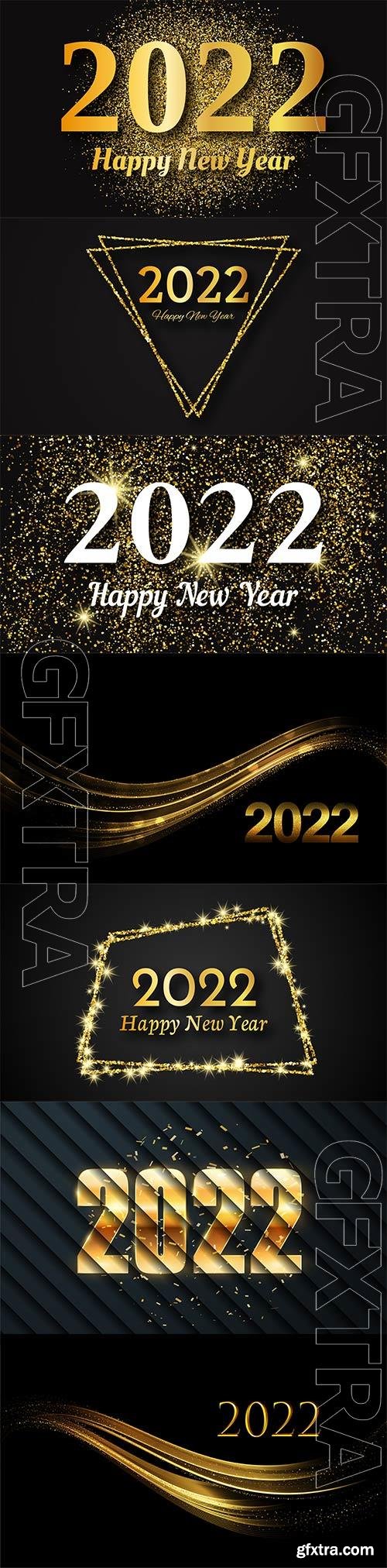 2022 happy new year vector background, gold inscription in a gold glitter